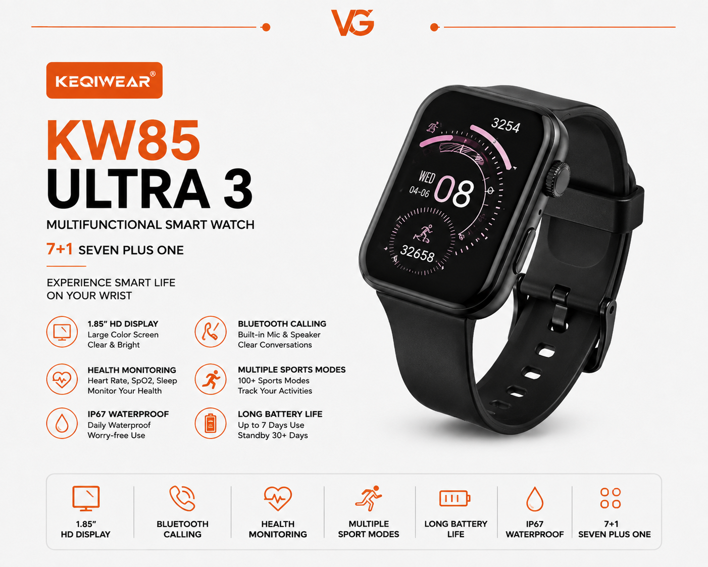 ساعت هوشمند چندمنظوره KEQIWEAR KW85 ULTRA 3