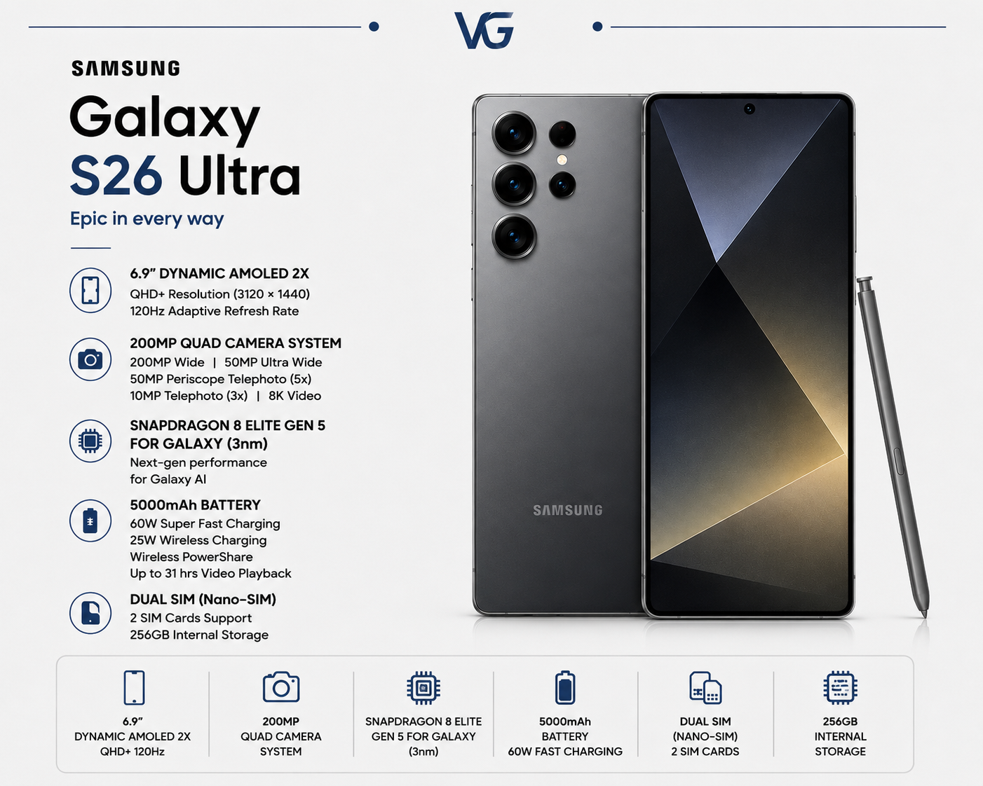 گوشی موبایل سامسونگ مدل Galaxy S26 Ultra 5G دو سیم کارت ظرفیت 256 گیگابایت و رم 12 گیگابایت - ویتنام - ولترا گجت