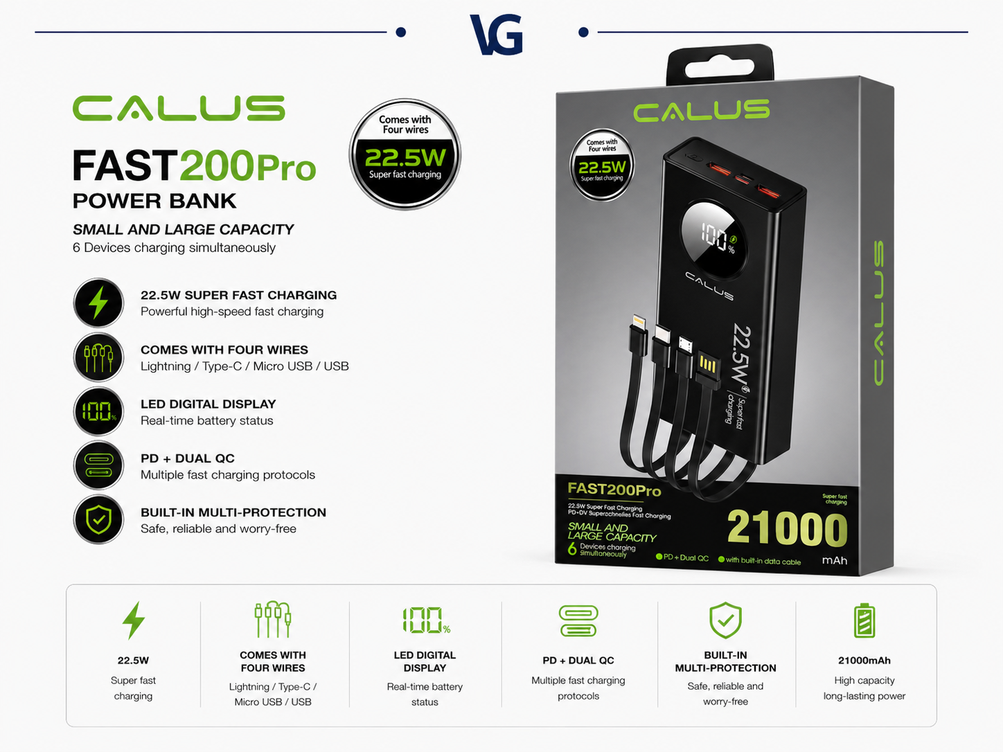 پاوربانک ۲۱۰۰۰ میلی‌آمپر CALUS مدل FAST200Pro با ۴ کابل داخلی و شارژ سریع ۲۲.۵ وات - ولترا گجت