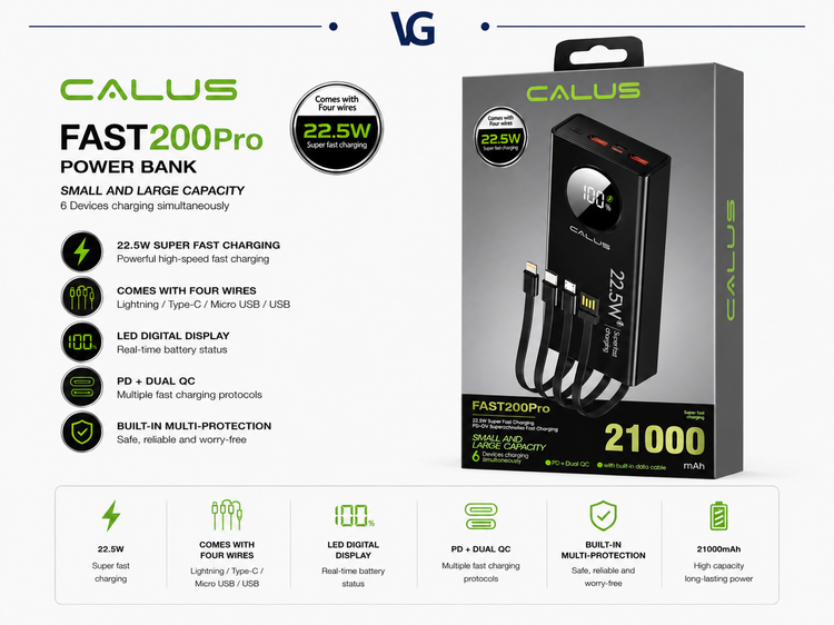 پاوربانک ۲۱۰۰۰ میلیآمپر CALUS مدل FAST200Pro با ۴ کابل داخلی و شارژ سریع ۲۲.۵ وات - ولترا گجت
