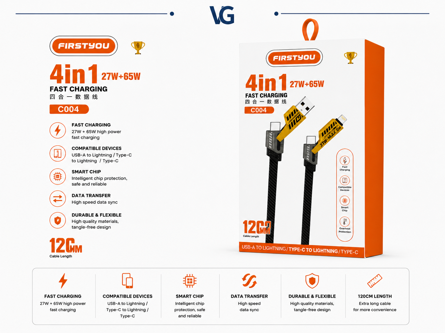 کابل چهار در یک FAST CHARGING FIRSTYOU مدل C004 با توان ۲۷ وات و ۶۵ وات - ولترا گجت