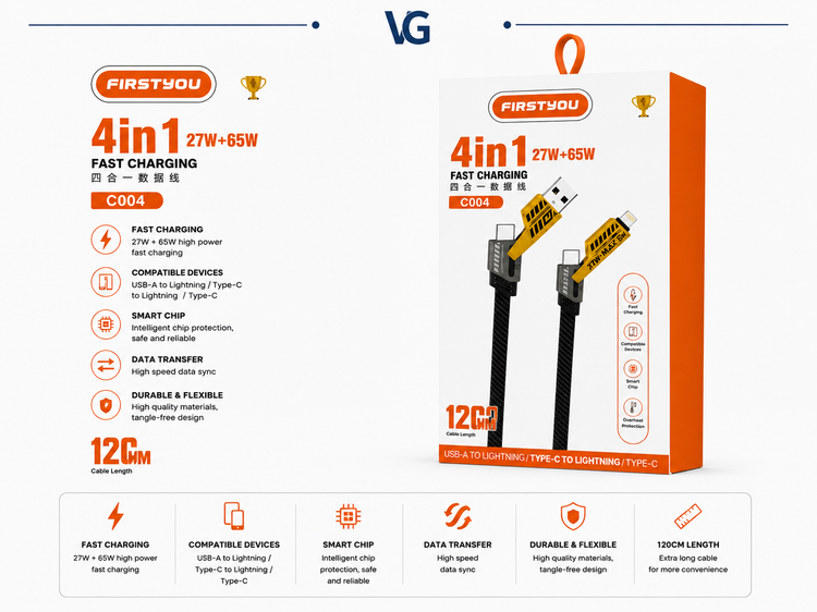 کابل چهار در یک FAST CHARGING FIRSTYOU مدل C004 با توان ۲۷ وات و ۶۵ وات - ولترا گجت