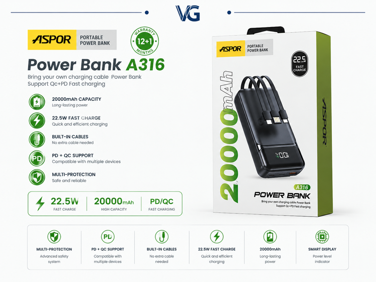 پاوربانک ASPOR A316 فست 20000mAh